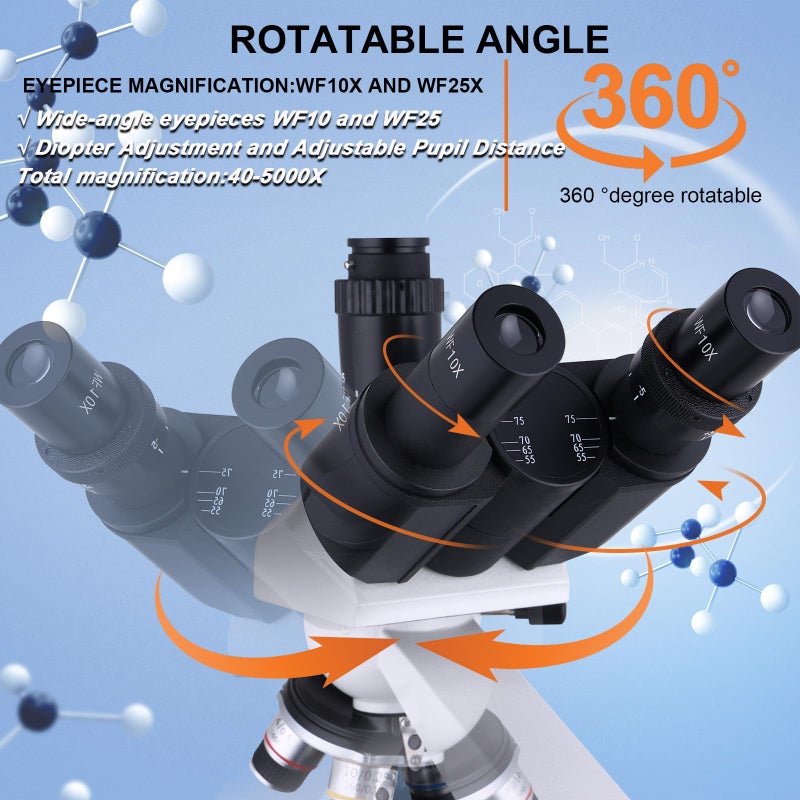 Herwicm Compound Trinocular Microscope 40X-5000X Magnification  Research Grade Professional Microscope  Two Levels of Mechanical Stage LED Illumination  USB Video Camera with Microscope for Adults - Image 3